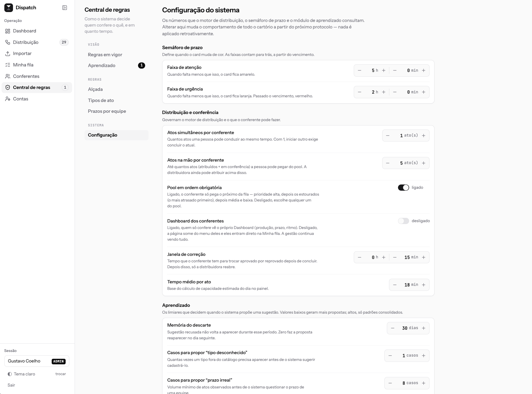 Tela de configuração do sistema: semáforo de prazo e regras de distribuição